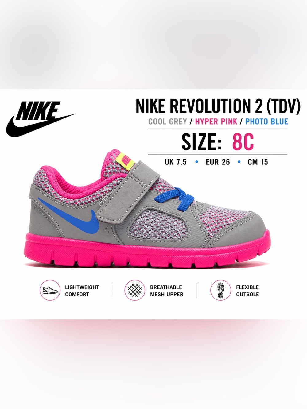 Nike Revolution 2 TDV Cool Grey Hyper Pink Blue Toddler Shoes 8C NWOB